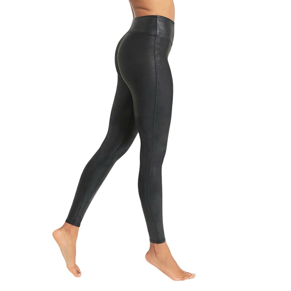 Spanx Metallic Coated Faux Leather Leggings Women's Size Medium Black